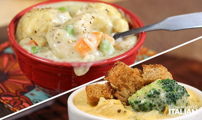 photo collage divided diagonally, showing a bowl of chicken and dumplings and broccoli cheddar soup