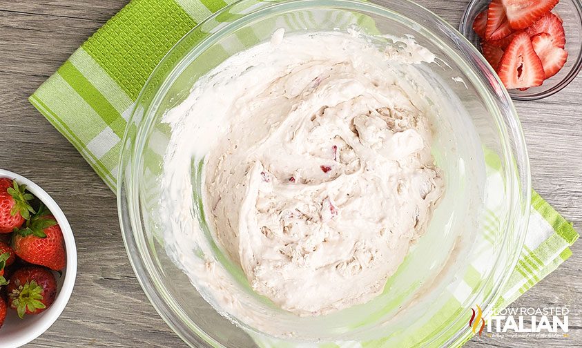 strawberry bread batter in a large glass bowl