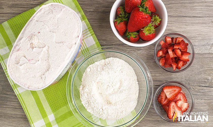 overhead: ingredients to make strawberry ice cream bread