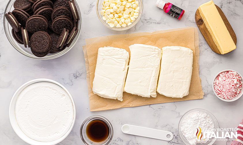 measured ingredients to make no bake peppermint cheesecake