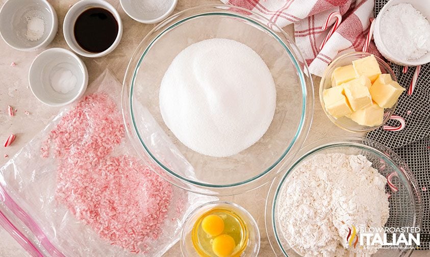 overhead: measured ingredients to make candy cane crinkle cookies