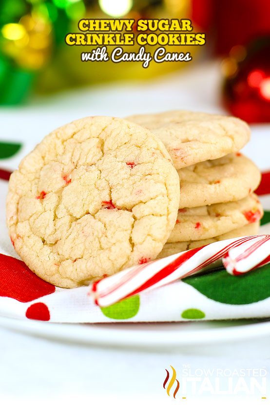 titled: Chewy Sugar Crinkle Cookies with Candy Canes