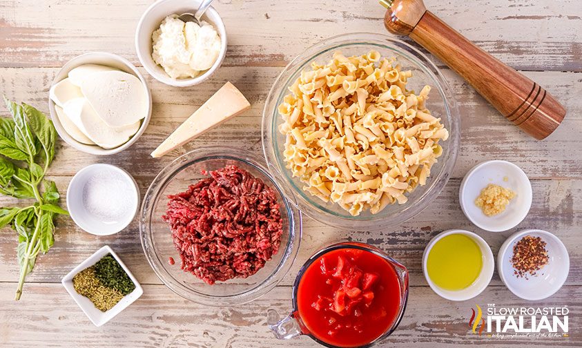 ingredients in bowls for skillet lasagna recipe