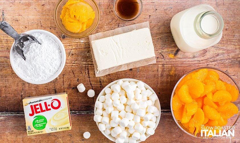 ingredients to make orange salad with mandarin oranges and marshmallows