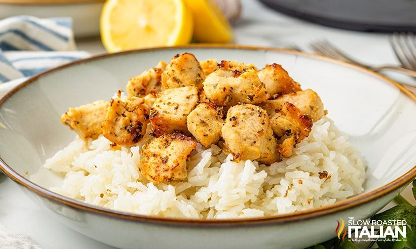 air fried lemon garlic chicken pieces over white rice