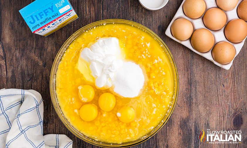 cornbread casserole ingredients in a bowl