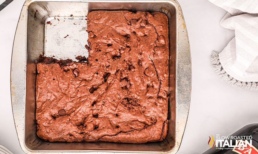 square pan of baileys irish cream brownies with a slice missing