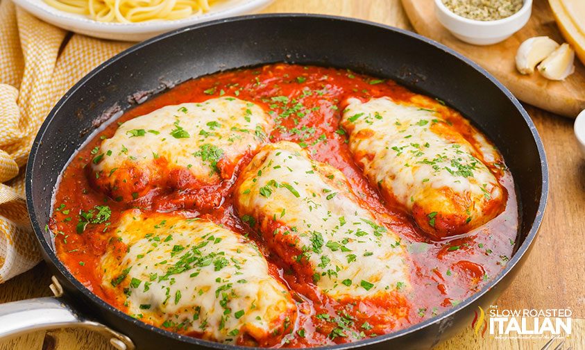 chicken parmesan pasta in a skillet