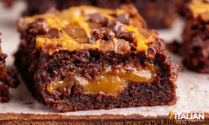 closeup: caramel fudge brownie