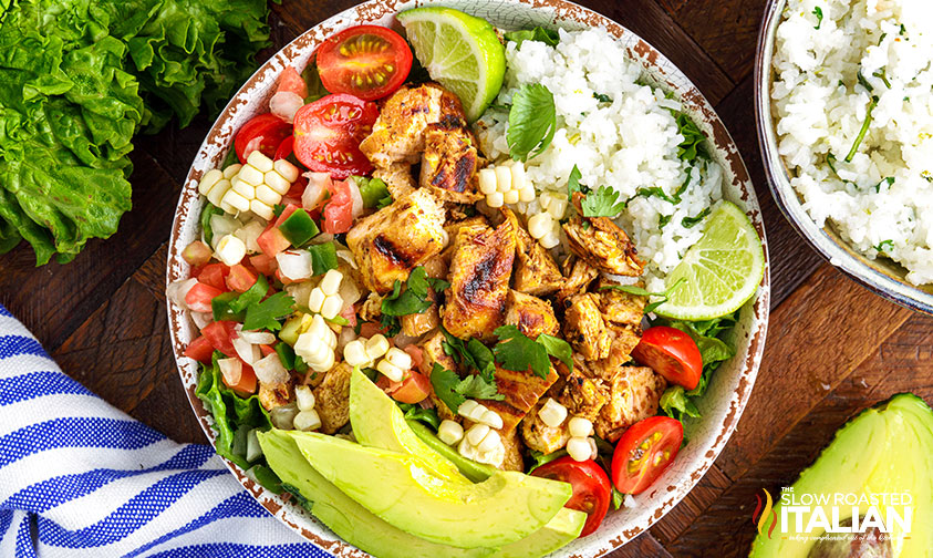 overhead of copycat chipotle chicken in bowl