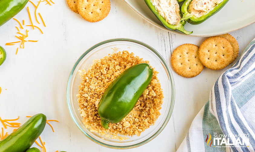 green chile in bowl of cracker crumbs.