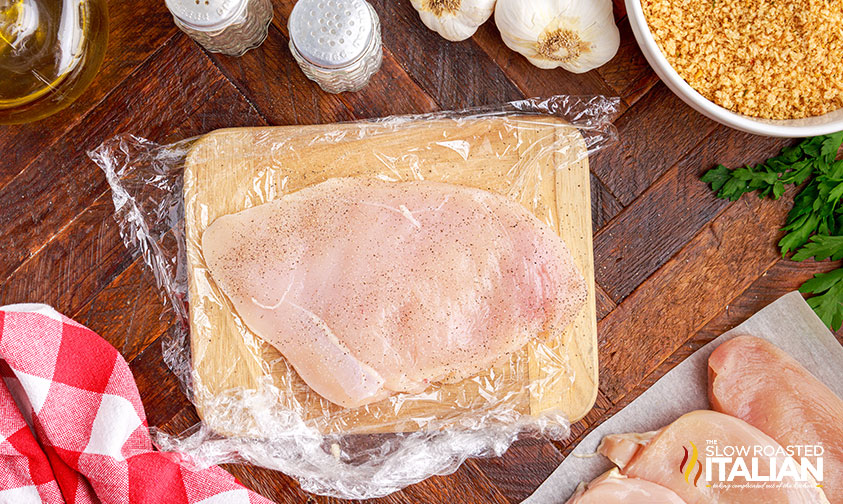 prepping chicken breasts for chicken cutlet