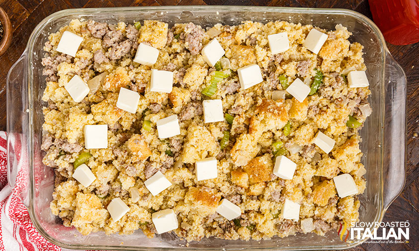 make ahead cornbread dressing in baking dish.