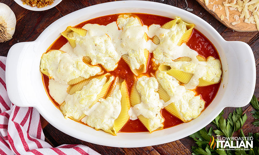 ricotta stuffed shells in casserole dish