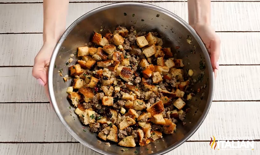 apple sausage stuffing recipe in bowl