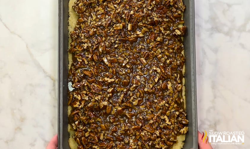 pecan pie bars ready for the oven.