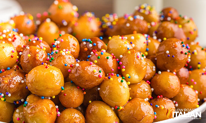 closeup of struffoli recipe.