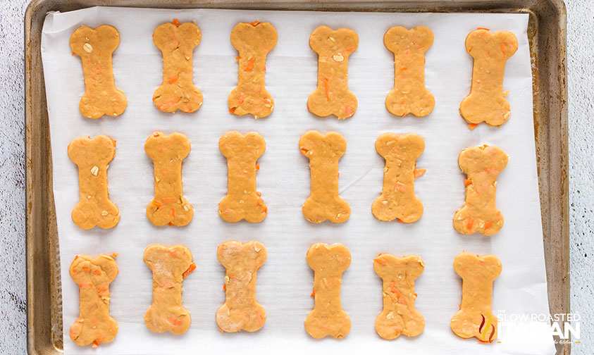 cut out dog treats on a baking tray