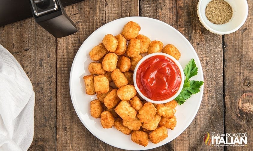 overhead: plate of tater tots with bowl of ketchup