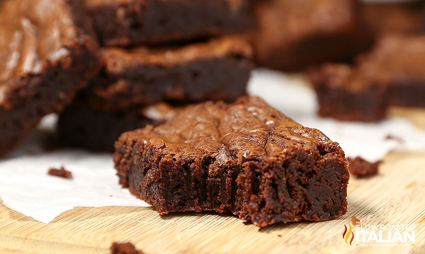 3 ingredient brownie closeup with bite taken