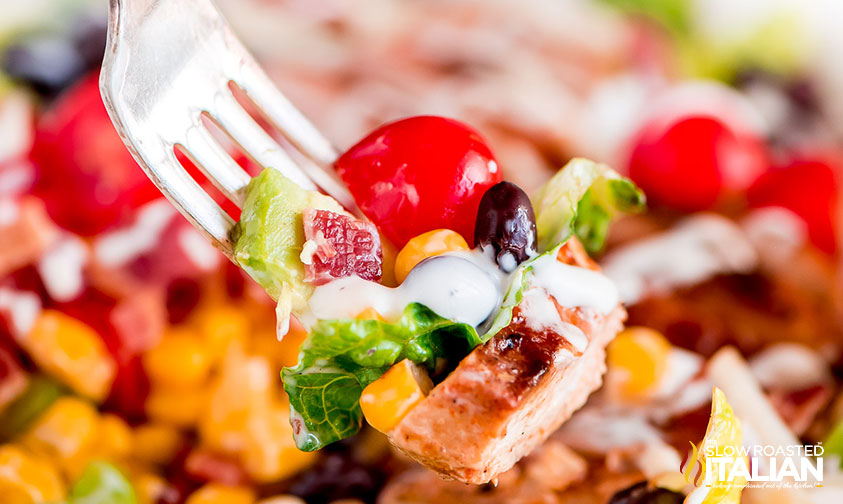 closeup of barbecue chicken salad on fork