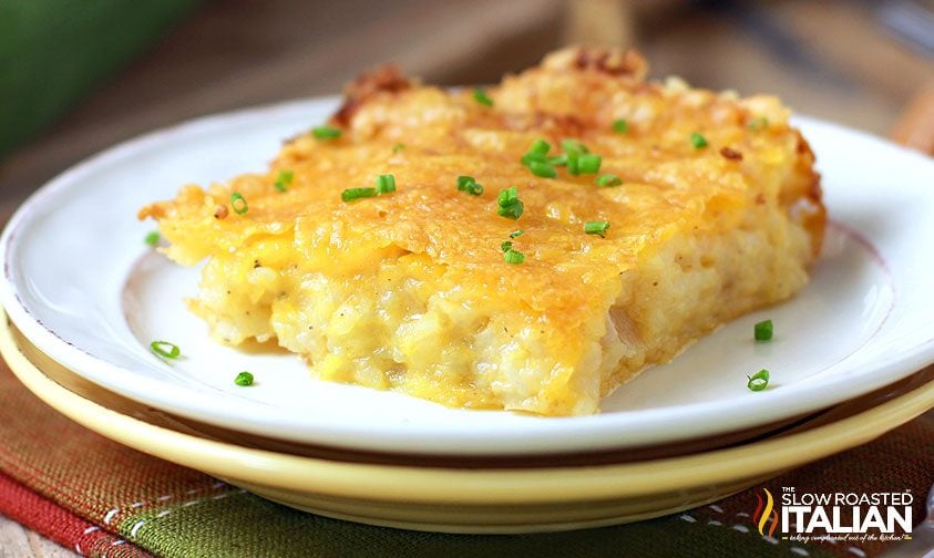 hashbrown casserole cheesy square on a plate