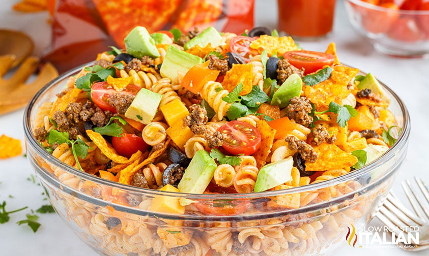 closeup of taco pasta salad