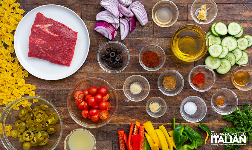 overhead: measured ingredients to make fajita pasta salad