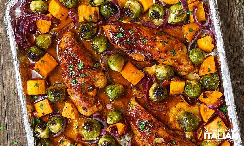 roasted chicken and veggies on sheet pan