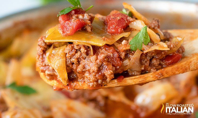 wooden spoonful of beef and cabbage in tomato sauce