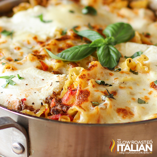 closeup of cheese skillet lasagna