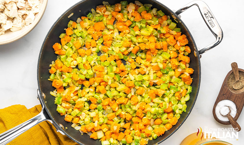 large skillet of cooked veggies