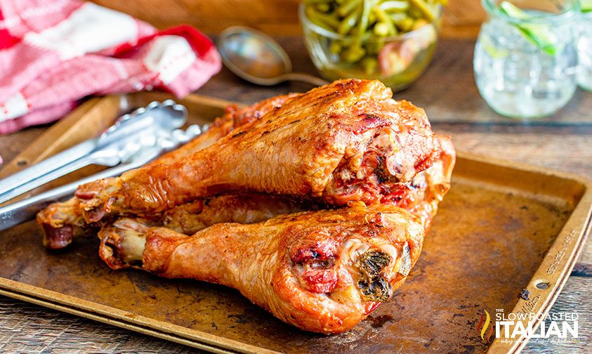 crispy smoked turkey drumsticks on sheet pan