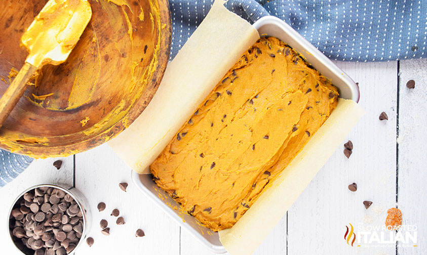 pumpkin bread recipe in a loaf pan ready for baking