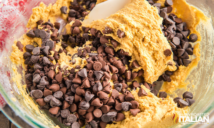 adding chocolate chips to cookies dough