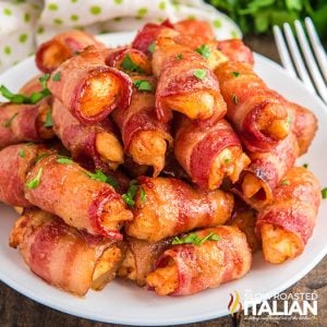 plate of low carb bacon wrapped chicken bites