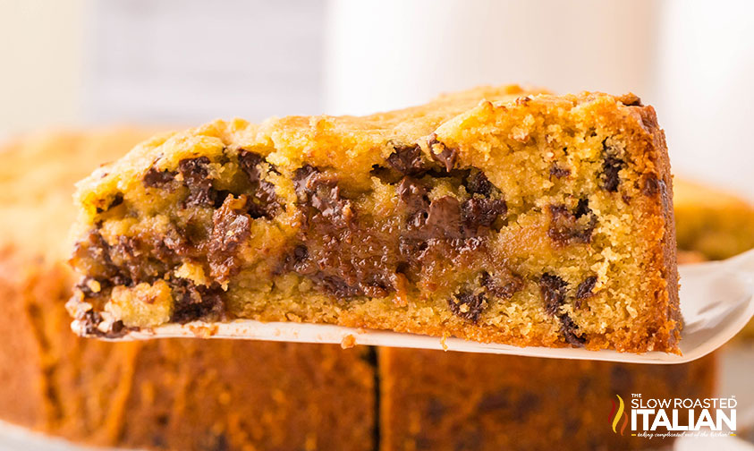 side view of chocolate chip cookie cake slice