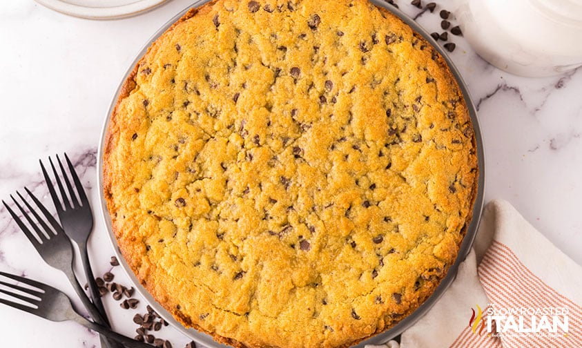 top view of chocolate chip cookie cake recipe