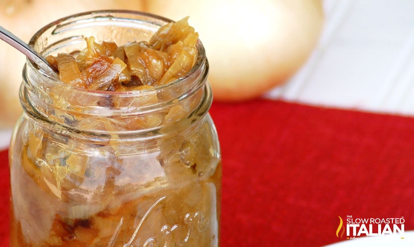 closeup of a jar of slow cooker caramelized onions