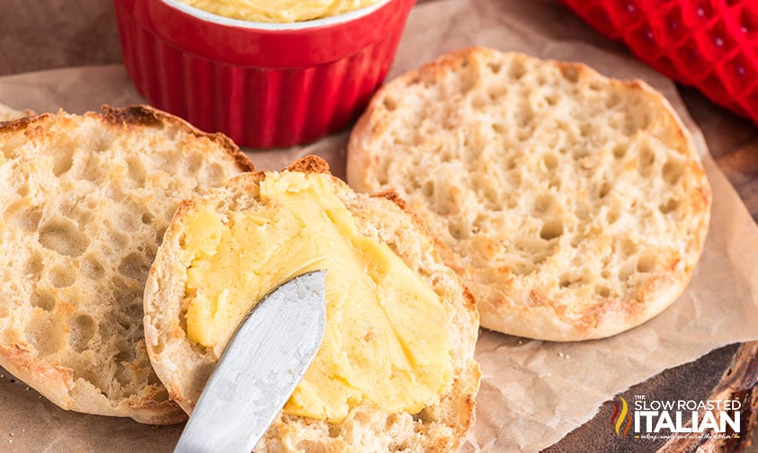 maple butter spread on an english muffin