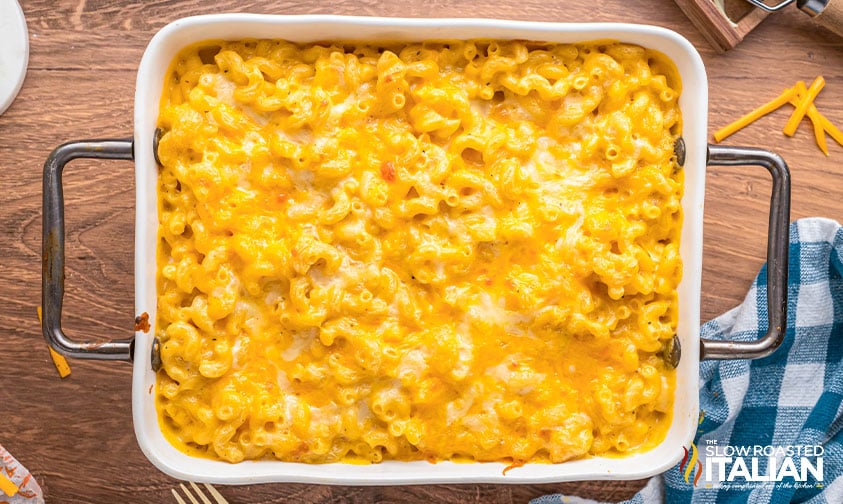 popeyes mac and cheese in a white baking dish