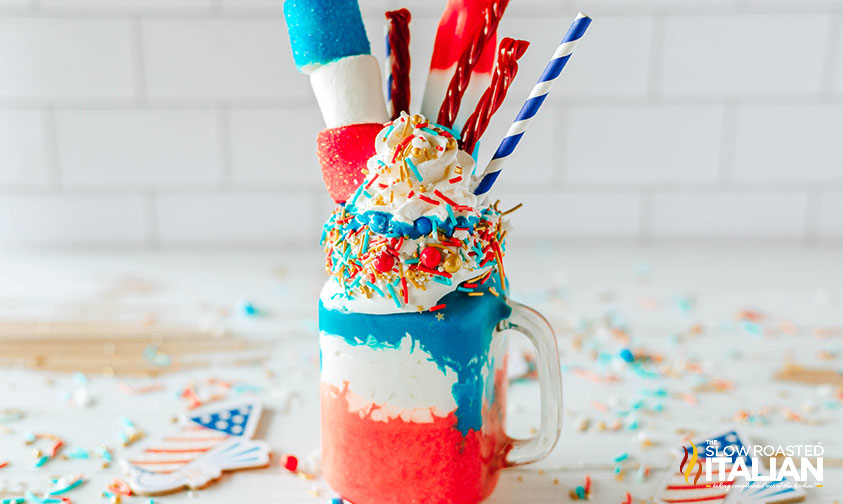 freakshake with straw and candy toppings