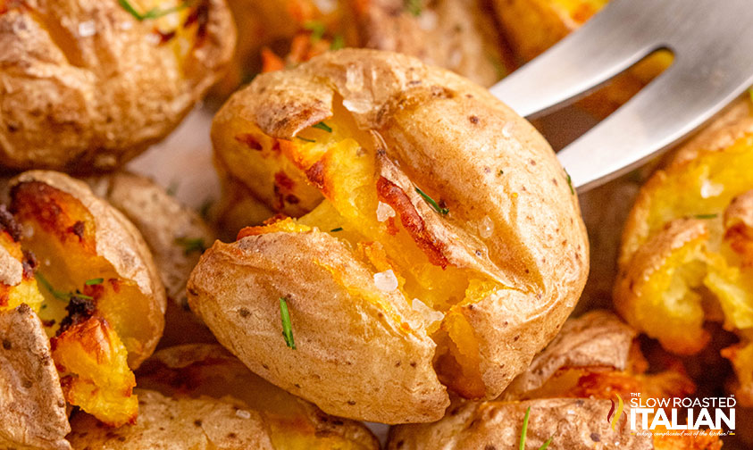 closeup of air fryer smashed potatoes