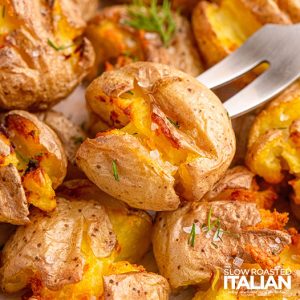 closeup of air fryer smashed potatoes