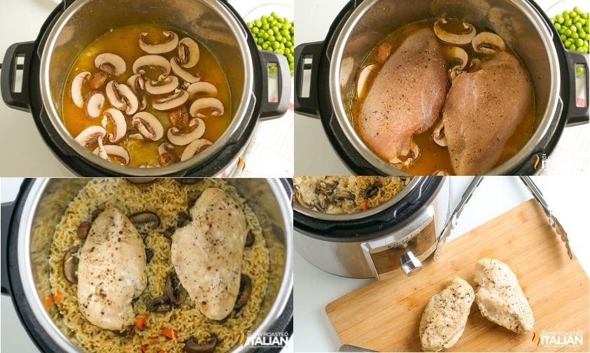 collage: broth and chicken added to IP, then cooked and chicken breasts removed to cutting board