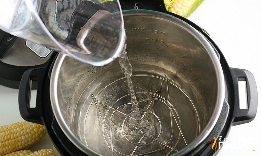 pouring water into Instant Pot with trivet in the bottom