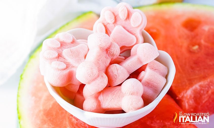 small bowl of frozen dog treats on top of watermelon slices