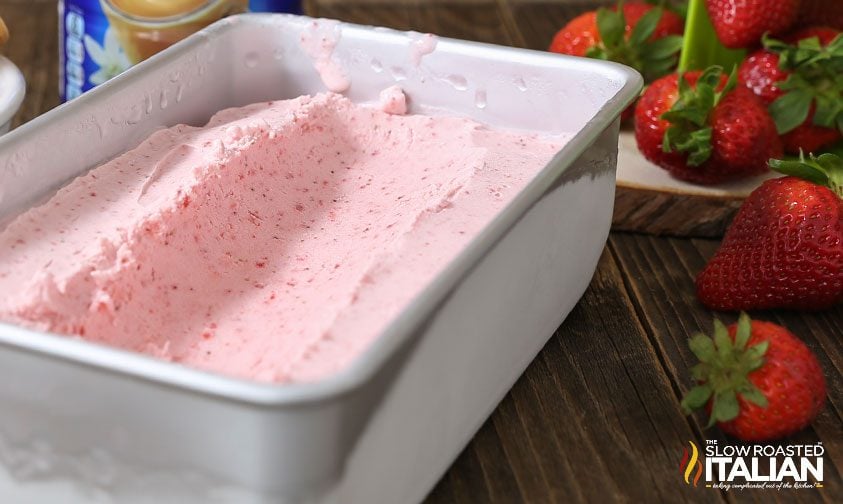 homemade strawberry ice cream in metal loaf pan