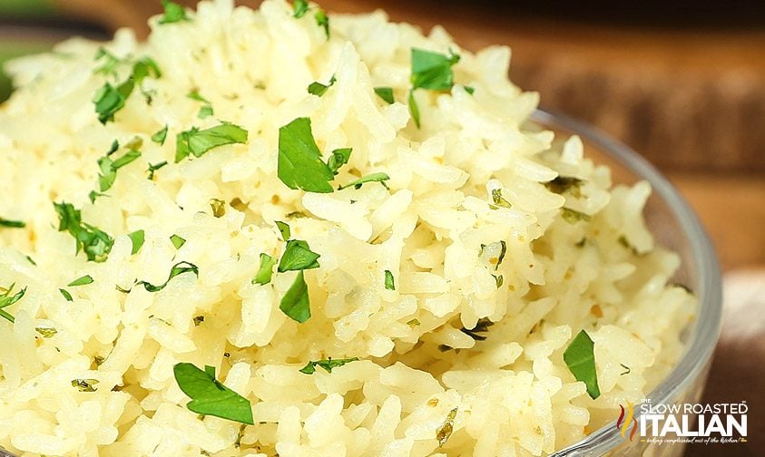 closeup: chicken flavored rice topped with chopped parsley
