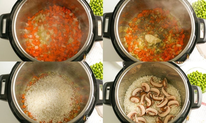 collage: sauteeing carrots and onion in IP, then adding rice and mushrooms